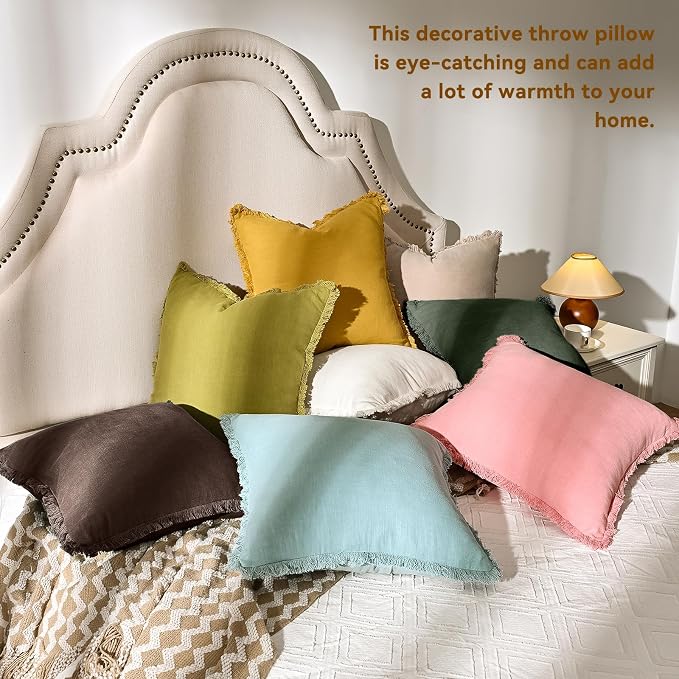AmHoo Pack of 2 Linen Pillow Covers with Tassels Fringed Decorative Rustic Natural Throw Pillowcase Cushion for Couch Sofa Bedroom 18 x 18-Inch Green
