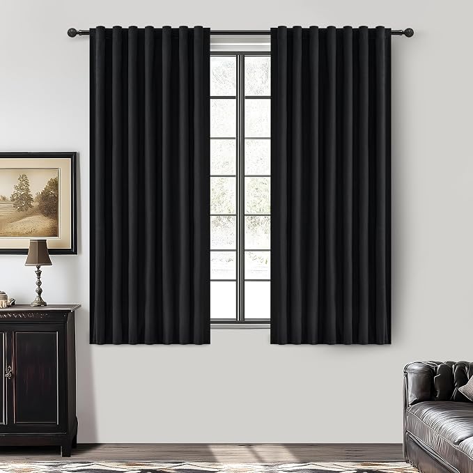 QJmydeco Black Out Kitchen Curtains 45 Inch Length 2 Panels Set, Modern Pleated Linen Blend Blackout Windows Curtain Back Tab Rod Pocket for Cafe/Cabin Thermal Insulated Heavy Drapes 50"W x 45"L Long