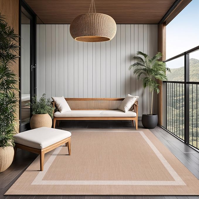 Luul Home Bordered Outdoor Rug 10x14 Washable Outside Carpet for Indoor Patio Porch Waterproof Easy Cleaning Non Shedding Area Rugs Beige 10 x 14