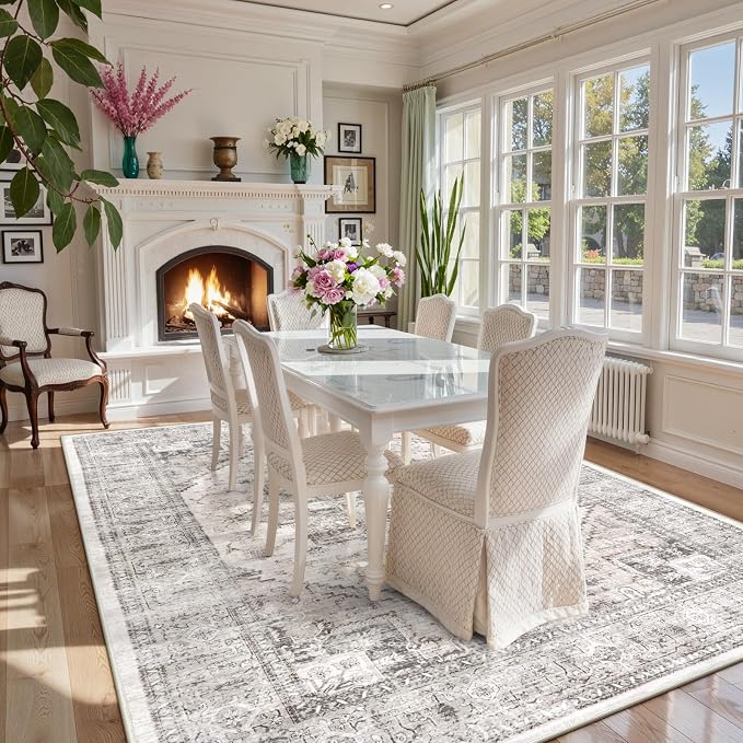 LIVEBOX Washable Area Rug 8x10 - Large Taupe Vintage Tribal Living Room Rug Oriental for Bedroom, Non-Slip Retro Medallion Carpet Print Distressed for Dining Room Guest Office
