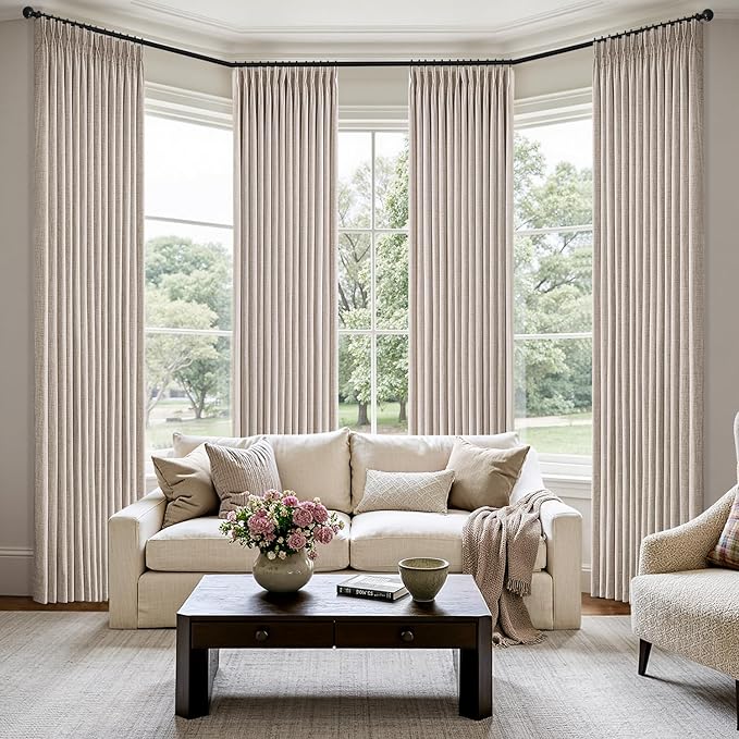 MIULEE Pinch Pleated Thick Linen Curtains 96 Inch 4 Panels Set Back Tab Memory Trained Pinch Pleat Semi Sheer Light Filtering Privacy Curtain Let Light in Window Drapes for Living Room Bedroom Natural
