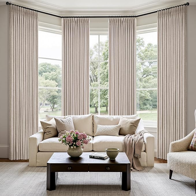 MIULEE Pinch Pleated Thick Linen Curtains 102 Inch 4 Panels Set Back Tab Memory Trained Pinch Pleat Semi Sheer Light Filtering Privacy Curtain Let Light in Window Drape for Living Room Bedroom Natural