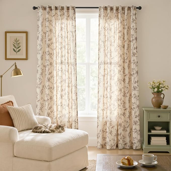 Lazzzy Linen Taupe Floral Curtains 90 Inch Length Farmhouse Curtain Back Tab Drapes for Living Room Bedroom Light Filtering Vintage Rod Pocket Curtains, 2 Panels, Taupe on Beige