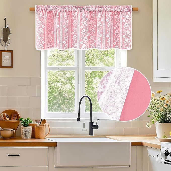 ASPMIZ Pink Valances for Windows Farmhouse Valance Curtains for Kitchen, Double Layer Kitchen Curtains with Linen Lace, Rod Pocket Window Valances for Small Window, Cafe, Bathroom, Living Room, 52x18