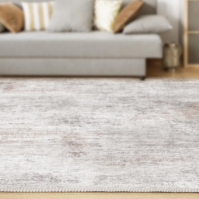 Abstract 9x12 Area Rug: Machine Washable Non Slip Ultra Thin Low-Pile Carpet, Soft Stain Resistant for Living Dining Room Bedroom, Kid Pet Friendly, Robot Vacuum Compatible - Brown Grey