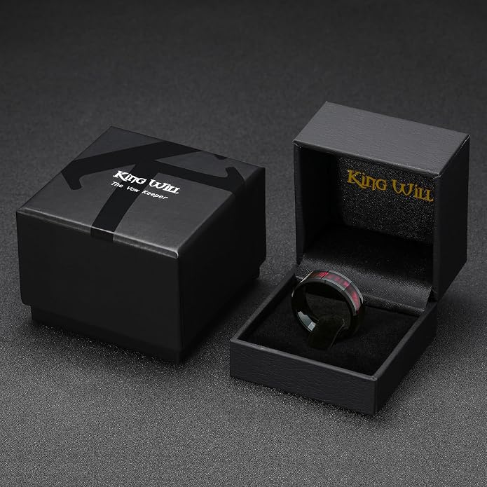 King Will Black Tungsten Wedding Band For Men, 8mm Promise Ring Inlay Red Twill Pattern/Colorful Wood Chips, High Polished Beveled Edge - Suitable For Daily Wear, Comfort Fit Size 7-14