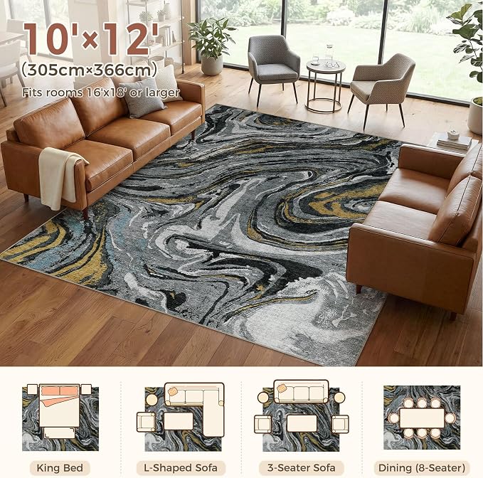 DMOYEST 10x12 Area Rug for Living Room-Washable Neutral Modern Abstract Rugs Soft Non-Slip Carpet Low Pile Indoor Floor Mat for Bedroom & Dining Room Decor for Families with Kids and Pet-Black Golden