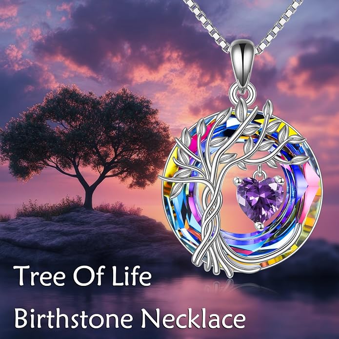 POPLYKE Mothers Day Gifts for Mom Her Wife Tree of Life Necklace 925 Sterling Silver Birthstone Pendant with Crystal Anniversary Birthday Wedding Jewelry for Women