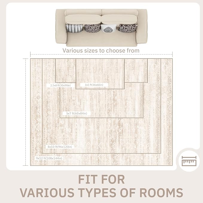 Soalmost 6x9 Area Rugs for Living Room, Washable Neutral Rug Beige Ivory | Vintage Floral Soft Stain Resistant Non-Slip Low Pile Thin Carpet for Dining Room Bedroom Kitchen Home Office Nursery 6'x9'