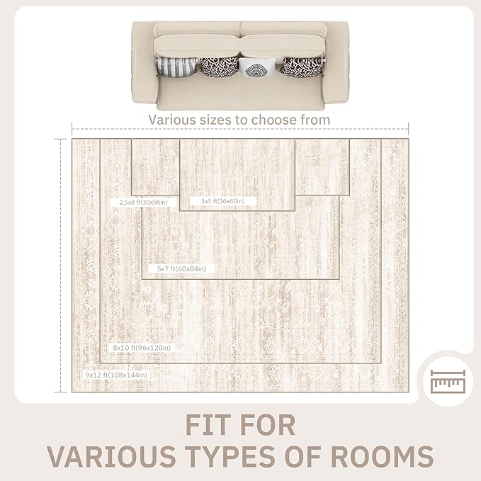 Soalmost 8x10 Area Rugs for Living Room, Washable Neutral Rug Beige Ivory | Vintage Floral Soft Stain Resistant Non-Slip Low Pile Thin Carpet for Dining Room Bedroom Kitchen Home Office Nursery 8'x10'