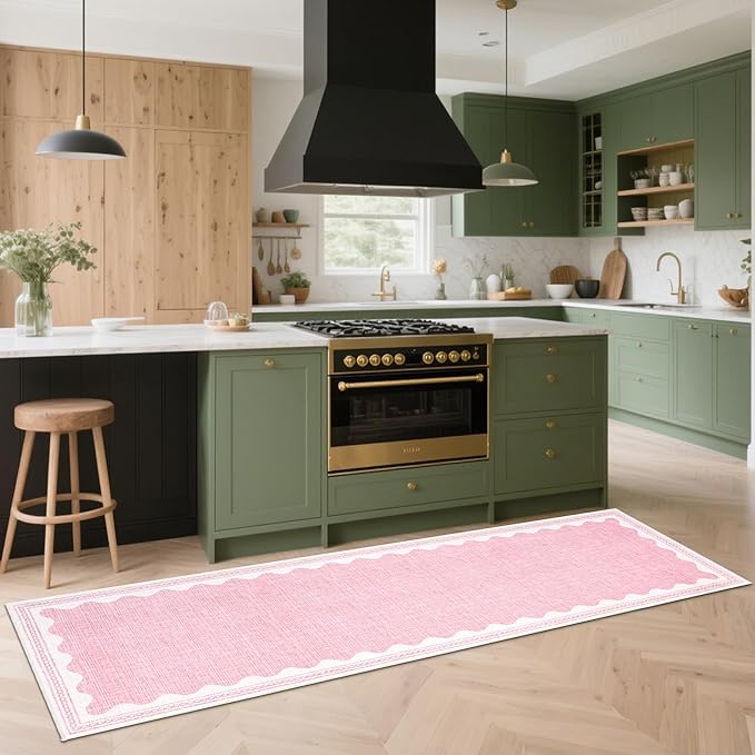 GarveeHome 2.5x8 Runner Rug for Hallway Washable Kitchen Rugs Non Slip Solid Pink Modern Minimalism Soft Low-Pile Scalloped Indoor Carpet for Entryway Laundry Room Floor Mats