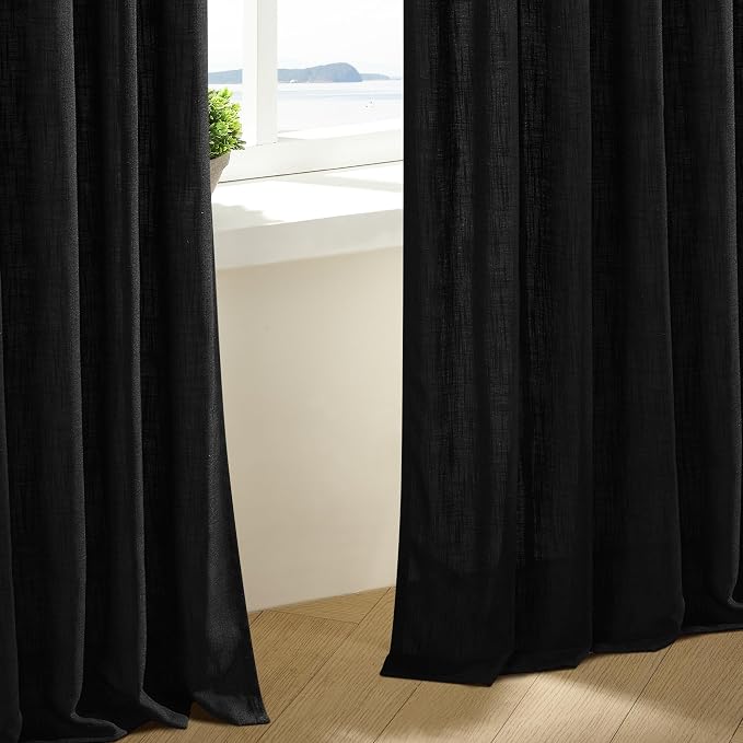 TWODRAPES Pinch Pleated Black Linen Curtains 96 Inches Long for Living Room Bedroom Light Filtering Boho Window Drape 96 Inch 2 Panels with Hooks Rings 8ft Black Sliding Glass Door Semi Sheer Curtain