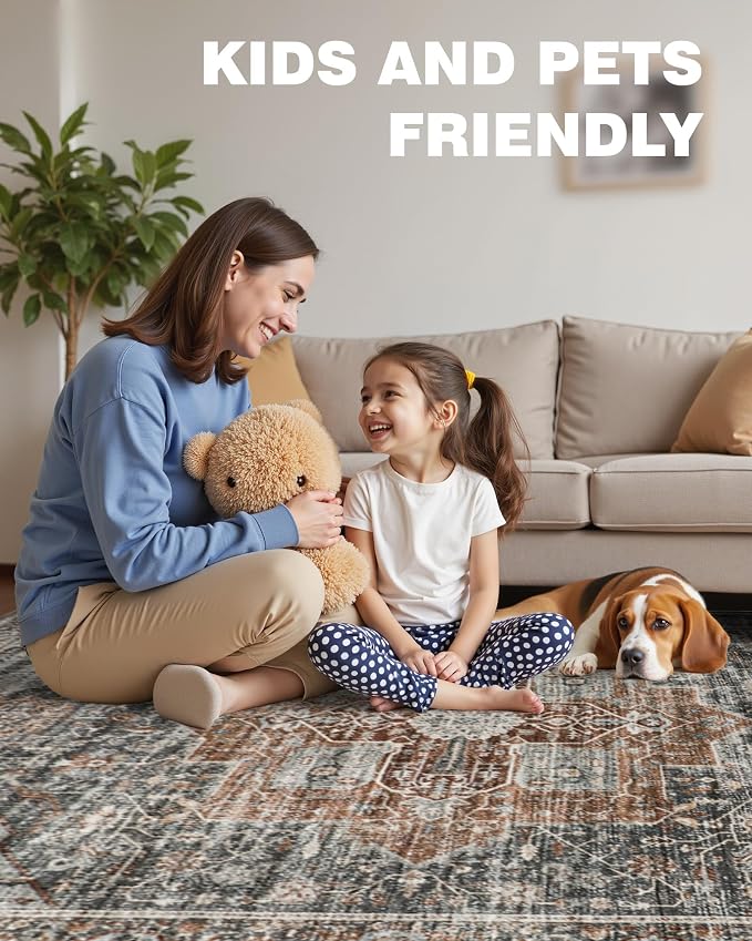 Roxstand 2x6 Washable Runner Rug, Non Slip Hallway Rugs Grey/Brown/Tan | Low Pile Vintage Rug, Stain Resistant, Distressed Runner Rugs for Entryay, Living Room, Bedroom Kitchen Laundry