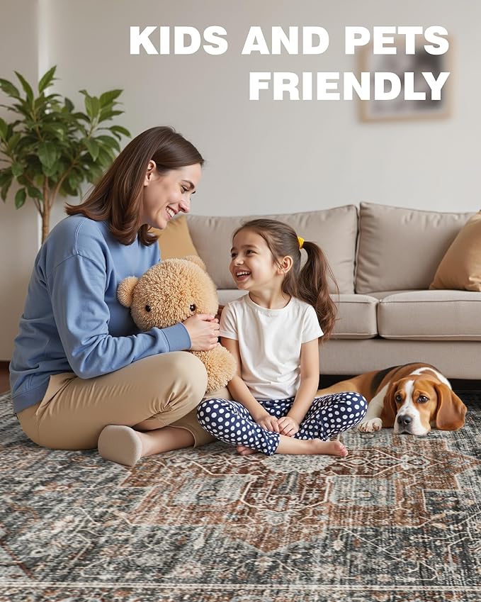 Roxstand Washable 2.6x8 Hallway Runner Rug, Grey/Brown/Tan | Low-Pile Carpet, Non-slip Backing,8ft Runner, Stain Resistant, Runner for Kitchen, Laundry Room, Entryway, Vintage Design