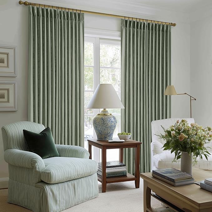 Sage Green Pinch Pleat Semi Sheer Linen Curtains 108 Inches Long 2 Panels | for Living Room Window, Farmhouse Boho, 400GSM Linen Textured, Pinch Pleated with Hooks Rings, Memory Shape, Light Filtering
