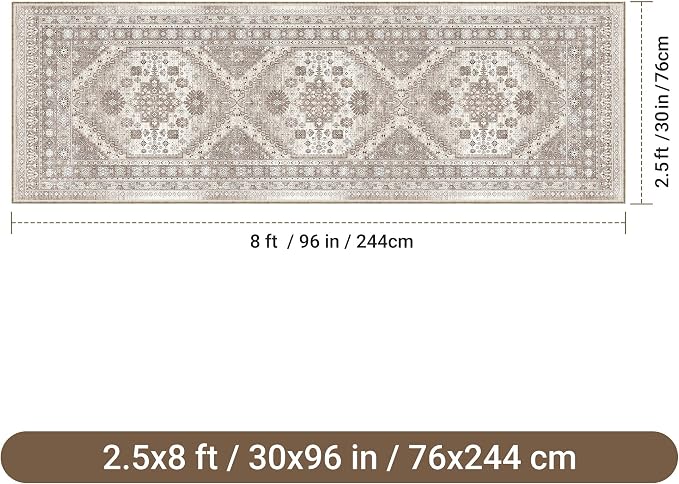 befbee 2.6'x8'Non Slip Runner Rugs - Runners for hallways, Kitchen,Entryway,Stain Resistant Washable Rugs for Bedroom, Indoor Vintage Area Rugs (Brown/Beige, 2.6'x8')