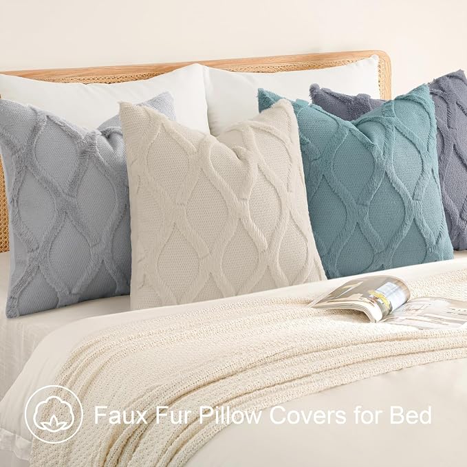 decorUhome Set of 4 Faux Fur Throw Pillow Covers 20x20(Beige/Grey) | Neutral Decorative Soft Plush Couch Pillow Covers, Farmhouse Pillow Cases for Living Room Bed Sofa