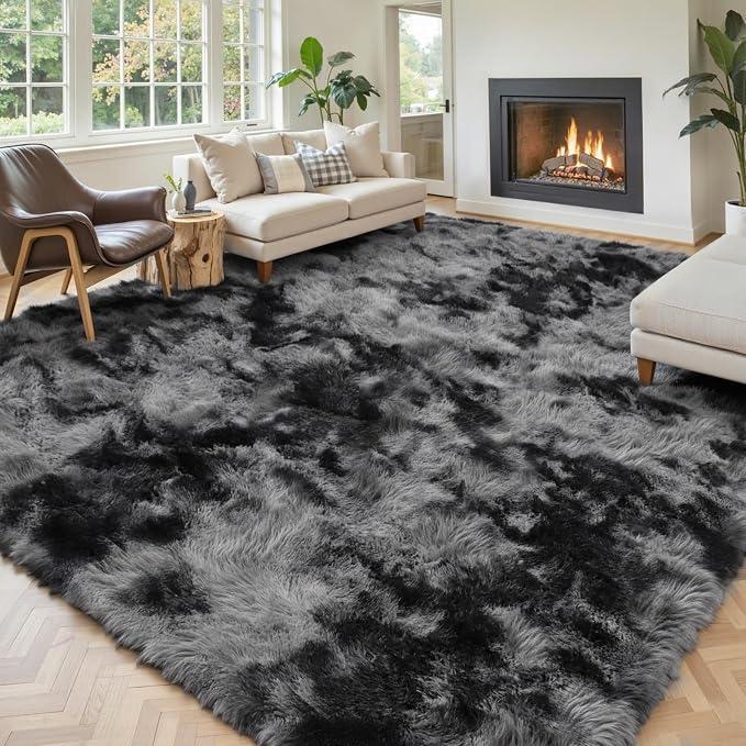 Area Rugs 10x14 Living Room, Shaggy Carpet Soft Plush Furry Bedside Rug Large Area Rugs for Bedroom Home Decor Anti Slip(10 x 14, Dark Grey Tie-Dyed)