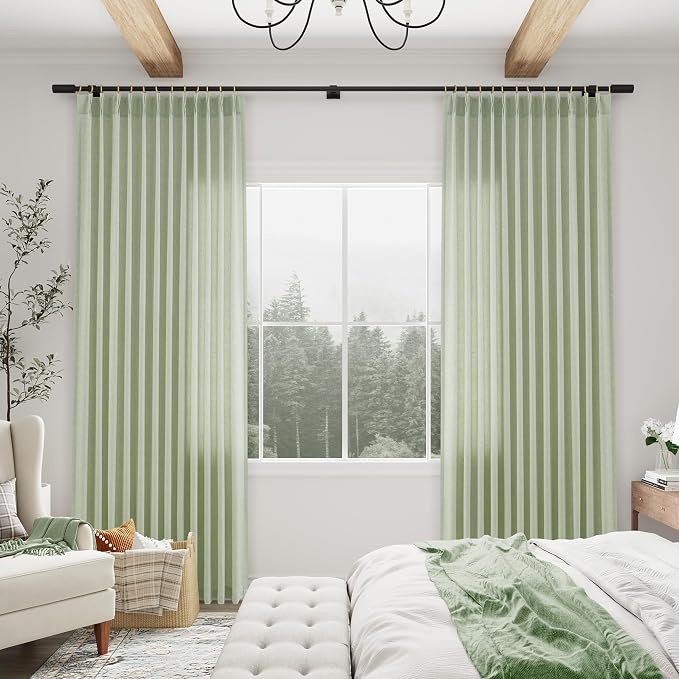 Aersas Mist Sage Pinch Pleated Linen Curtains 102 Inch Length 2 Panels for Living Room Bedroom Semi Sheer Window Curtain Boho Neutral Back Tab Pinch Pleat Drape with Hooks 40x102