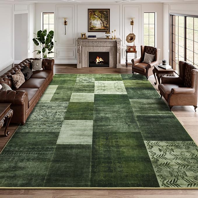 DweIke Washable Area Rugs 9x12 for Living Room, Large Modern Geometric Green Soft Patchwork Carpet, Non-Slip Stain Resistant Throw Rug for Bedroom Dining Room Office Home Decor