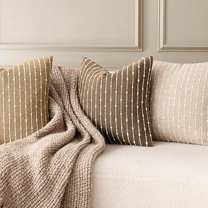 Foindtower Pack of 2 Decorative Jacquard Boucle Throw Pillow Covers Accent Textured Striped Pillowcases Soft Boho Modern Cushion for Couch Sofa Bedroom Living Room Home Decor 22x22 Inch Brown