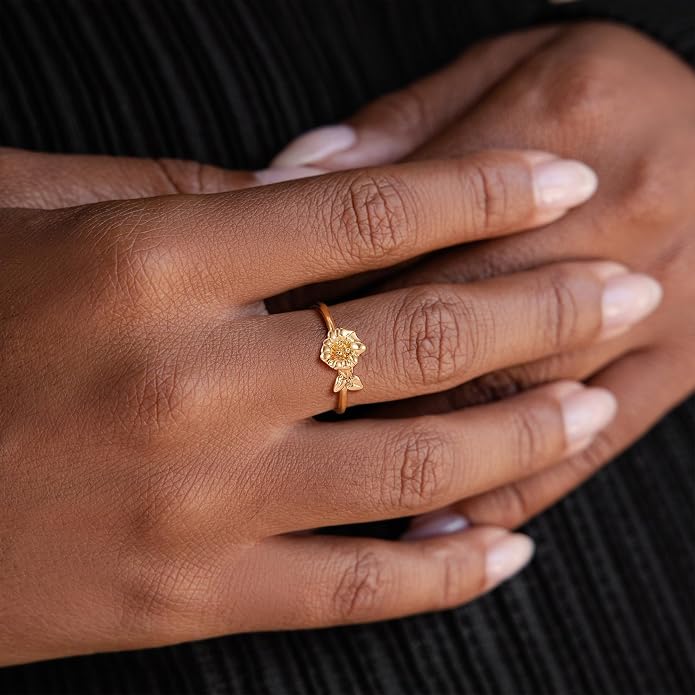 Birth Flower Ring for Women 14K Gold Plated Floral Minimalist Stackable Finger Jewelry Birthday Gifts