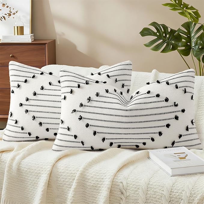 Mecatny Boho Summer Outdoor Throw Pillow Covers 12X20 Set of 2, Farmhouse Lumbar Pillow Covers for Couch Sofa Living Room, Black & Cream White