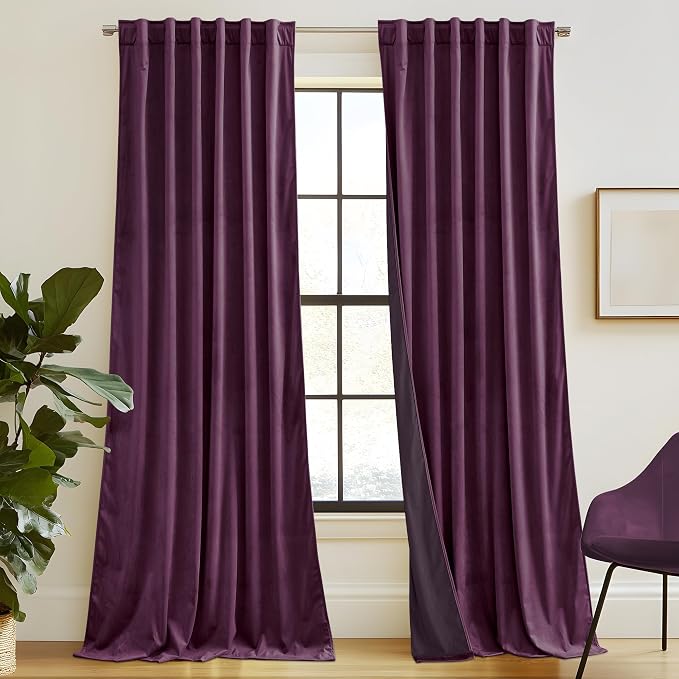RYB HOME Eggplant Purple Velvet Curtains for Bedroom Living Room, Thermal Insulated Privacy UV Heat Blocking Luxurious Soft Rod Pocket Back Tab Drapes for Nursery, 42" W x 63" L, 2 Panels