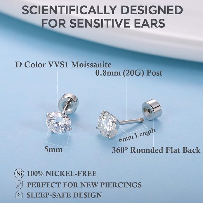 Moissanite Flat Back Earrings for Sensitive Ears | Implant Grade F136 Titanium Studs for Women Men | 18K White Gold Plated Hypoallergenic Sleep In Cartilage Lobe Piercing Jewelry, D Color VVS1 (3mm 4mm 5mm)