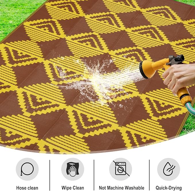 Anidaroel Patio Rugs Outdoor 8x10ft Waterproof, Reversible Camping Rugs for Outside RV, Outdoor Plastic Straw Outside Area Rugs for Patio, Backyard, Pool Deck, Picnic (Yellow&Brown,8‘x10')