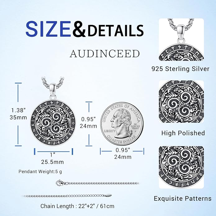 Thors Hammer Necklace/Viking Tree of Life/Valknut/Vegvisir/Triskelion/Sword/Spear Point Arrowhead/Urn Necklace for Ashes/Compass Necklace 925 Sterling Silver Amulet Jewelry for Men Women