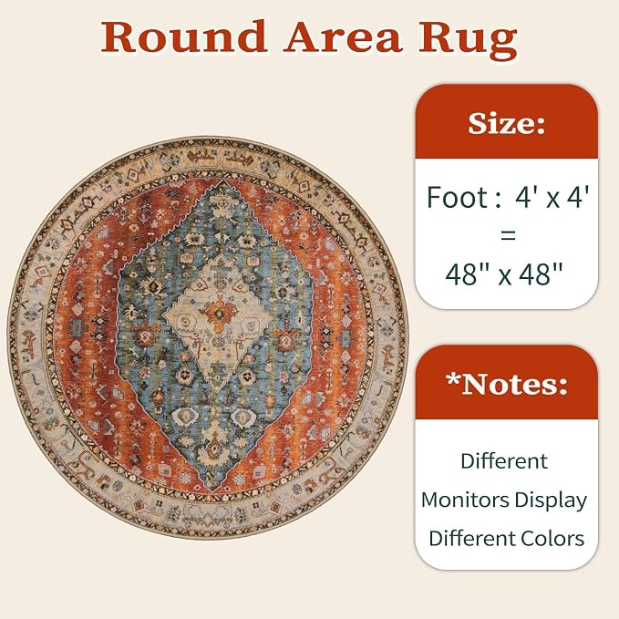 SERISSA Boho Round Area Rug, 4ft Washable Non-Slip Circle Rug, Ultra Soft Oriental Vintage Tribal Low-Pile Small Circular Carpet for Bedroom Entryway Kids Room Office College Dorm Living Room