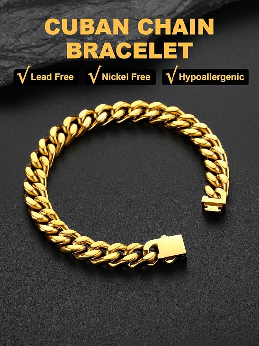 U7 Cuban Link Bracelets for Men Stainless Steel Wrist Bracelet Silver Black Gold Cuban Hand Chain Bracelet for Mens Women, 5/7/9/12mm Width, 7.5/8.3/9 Inch Length Classic Jewelry with Box Packed