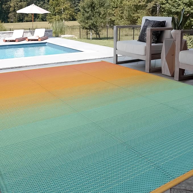 Lahome Extra Large Outdoor Rug 8x10 Patio Waterproof,Reversible Camping Rugs Plastic Straw Rv Mats for Outside Under Awning,Portable Lightweight Carpet for Backyard, Blue-Orange 8x10