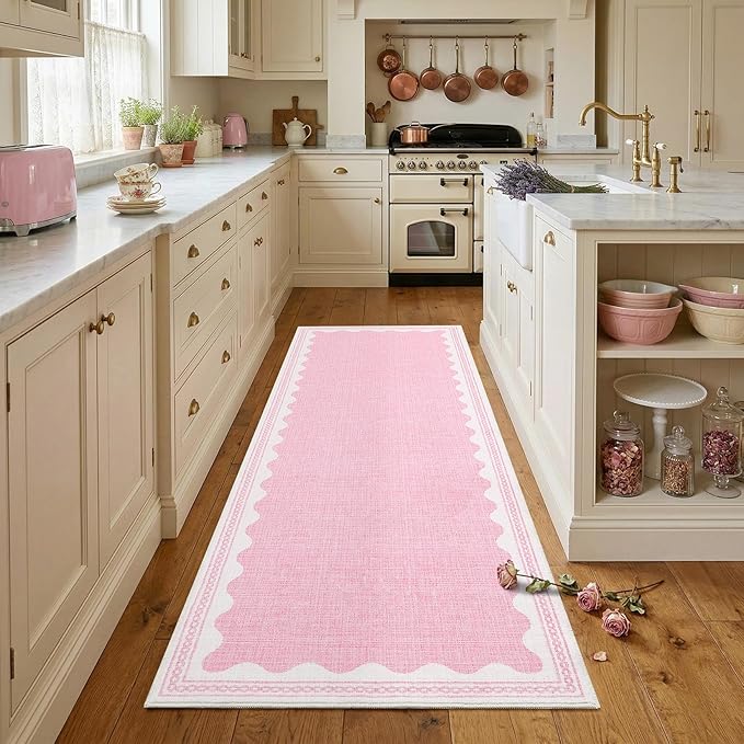 GarveeHome 2.5x8 Runner Rug for Hallway Washable Kitchen Rugs Non Slip Solid Pink Modern Minimalism Soft Low-Pile Scalloped Indoor Carpet for Entryway Laundry Room Floor Mats