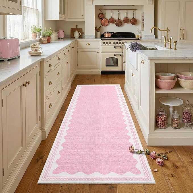 GarveeHome 2x6 Runner Rug for Hallway Washable Kitchen Rugs Non Slip Solid Pink Modern Minimalism Soft Low-Pile Scalloped Indoor Carpet for Entryway Laundry Room Floor Mats with Rubber Back