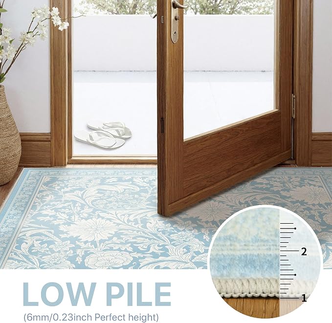 Clearance Area Rug 5x7 Washable Rugs for Bedroom, Vintage Floral Rug with Non Slip Backing, Low Pile Carpet for Living Room, Dinning Room, Light Blue
