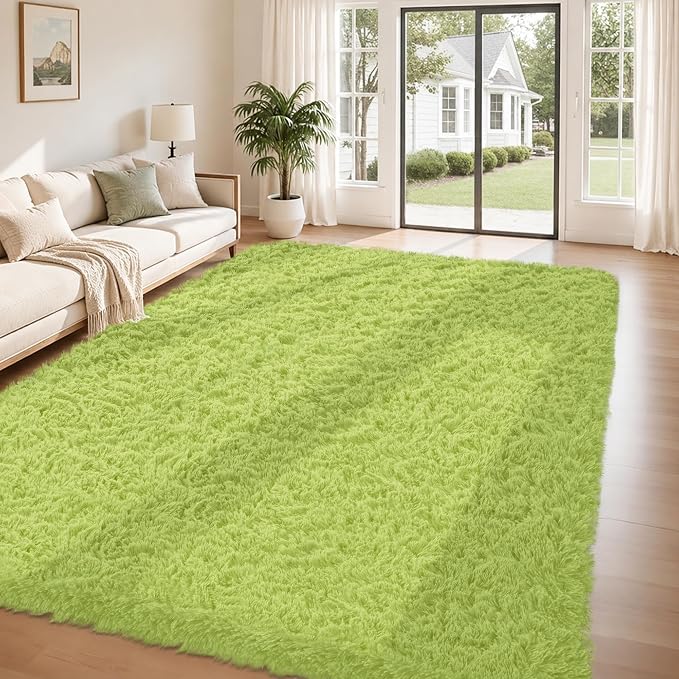 8x10 Area Rug for Living Room:Ultra Soft Fluffy Shag Light Green Rugs,Large Fuzzy Plush Indoor Non Slip Carpet Washable Rug for Bedroom Kids Nursery Office Dorm Modern Decor(Grass Green 8'x10')