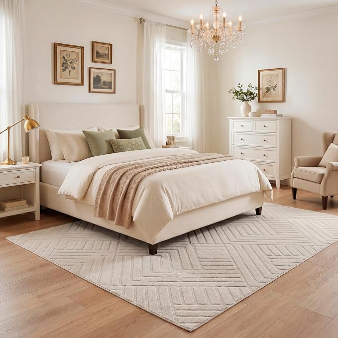Bsmathom 6x9 Washable Area Rug, Boho Neutral Modern Soft Carpet Mat, Beige | Machine Washable, Low Pile Fluffy Plush, Non-slip, Geometric Textured, For Living Dining Kids Room Bedroom Indoor Dorm