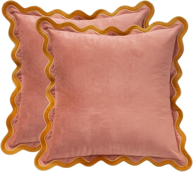 MONDAY MOOSE Decorative Throw Pillow Covers Cushion Cases, Set of 2 Soft Velvet Scalloped Wavy Edge Designs, Mix and Match for Home Decor, Pillow Inserts Not Included (22x22 inch, Pink/Honey)