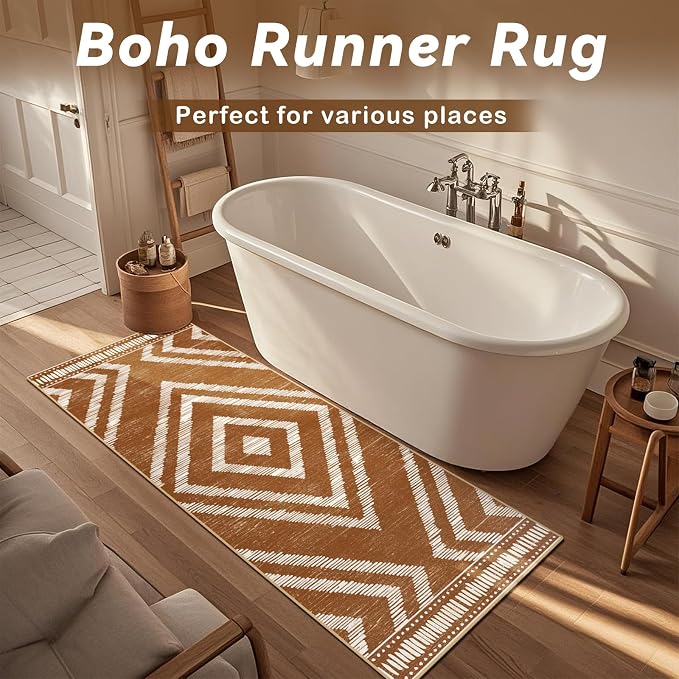 Boho Runner Rugs 2x6ft Non Slip, Brown Washable Rug with Rubber Backing, Soft Moroccan Farmhouse Kitchen Runner, Low Pile Geometric Floor Carpet for Hallway Bedroom Bathroom
