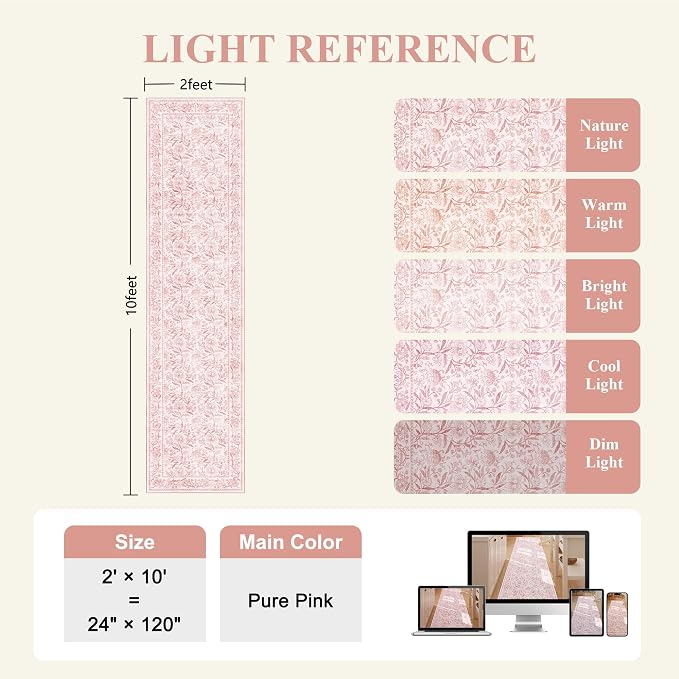 DUKINO 2x10 Runner Rug for Hallway, Washable Vintage Floral Rug, Light Pink | Non Slip, Low Pile, Non-Shedding, Stain Resistant Soft Long Runner Carpet for Kitchen Bathroom Entryway Bedroom Farmhouse
