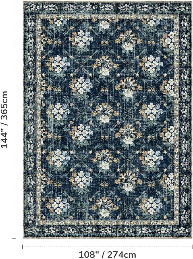 Lessymo Large Area Rugs 9x12 for Living Room, Soft Washable Rug for Bedroom Dining Room Nursery Room Farmhouse, Boho Non Slip Low Plie Carpet Vintage Floral Design, Navy/Beige