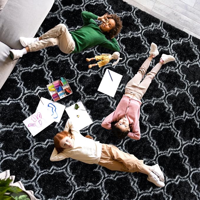 5x7 Area Rugs for Bedroom Living Room, Soft Modern Black and White Rugs | Soft Fluffy Plush Geometric Rug Upgrade Non-Slip Shaggy Fuzzy Carpet for Playroom Teen Dorm Home Office Decor