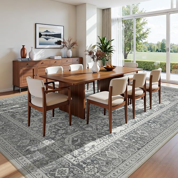Joydeco 8x10 Area Rugs for Living Room, Non Slip Machine Washable Vintage Rug, Low Pile Thin Chenille Print Rugs for Bedroom, Dining Room, Pet & Child Friendly, Home Office, Light Gray&Dark Gray&White