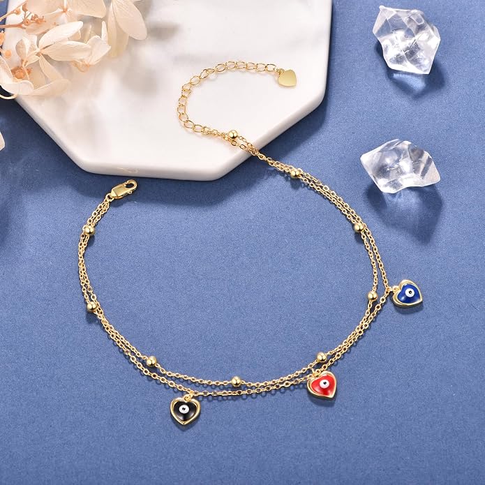 Palpitate Evil Eye Anklet for Women Protection Ankle Bracelets Layered Bead Chain Evil Eye Jewelry Christmas Gifts for Women Adjustable