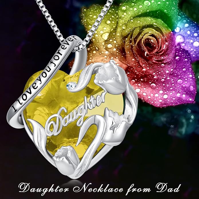 PROESS S925 Sterling Silver Daughter Heart Pendant Necklace from Dad Mom I Love You Forever Jewelry