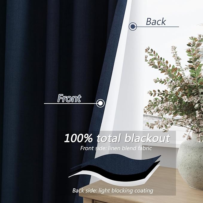 Guken Navy Blue 100% Blackout Curtains 108 Inch Length 2 Panels Set for Living Room Bedroom Back Tab Thermal Insulated Black Out Linen Drapes Room Darkening Window Curtains 108 Inches Long