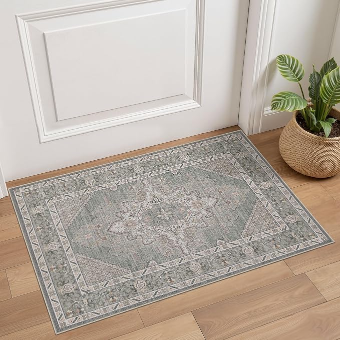 Tortania Area Rug 2x3 Doormat - Washable Vintage Oriental Farmhouse Soft Thin Indoor Carpet for Living Room Bedroom Hallway Entryway Kitchen - Green Gray