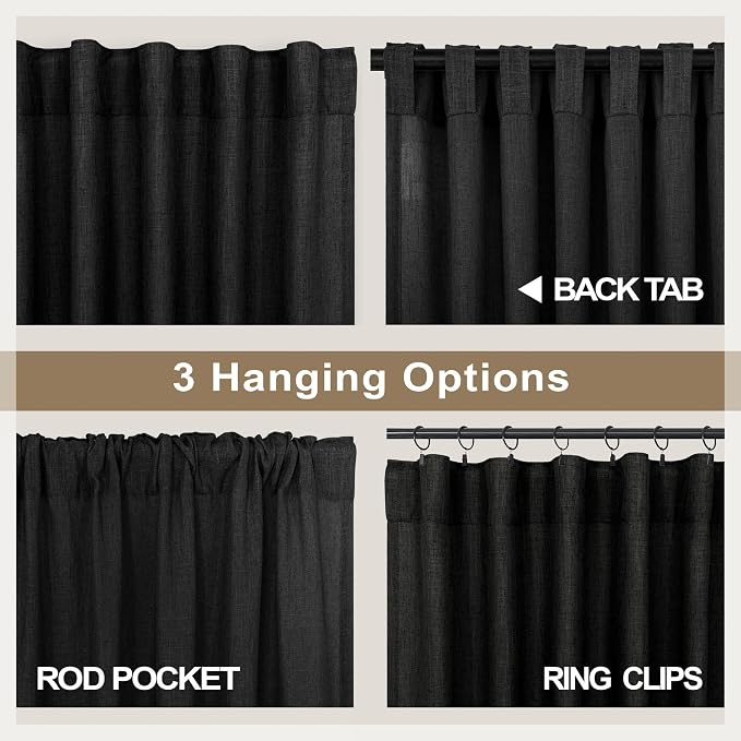 Black Long Drapes 108 Inch Length for Living Room 2 Panels Set Hidden Tab Loop Pocket Sheer Minimalist Black Linen Curtain for Bedroom Patio Door Cottage Cabin Noir Negras Accent Decor
